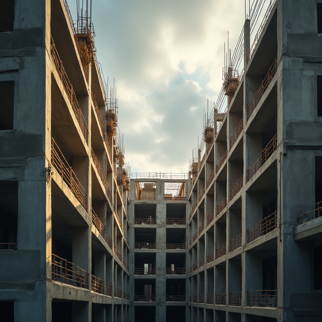 Aerial view of a construction site showing building progress
