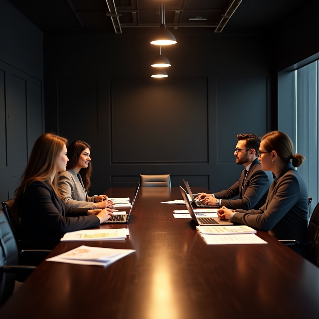 Investor group in a boardroom reviewing construction project documents