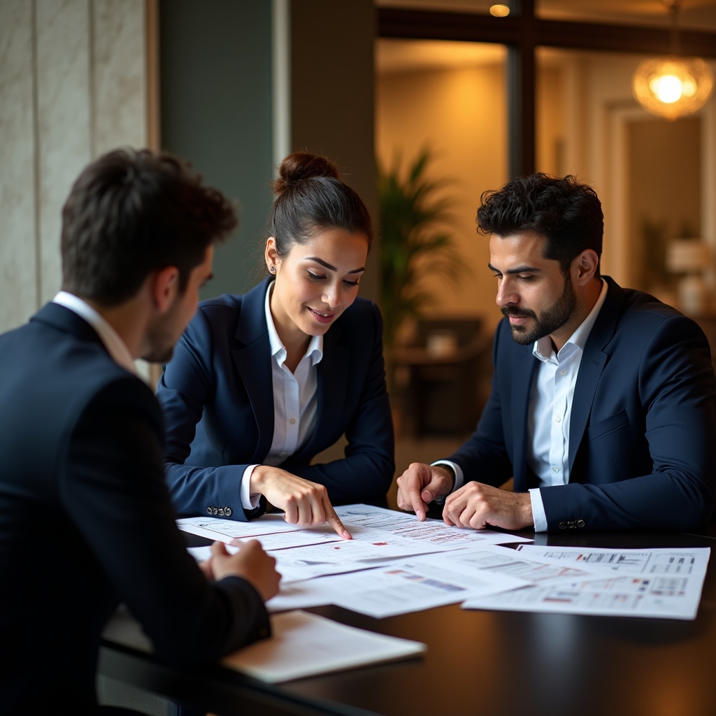 Investor group reviewing construction documents in a professional setting