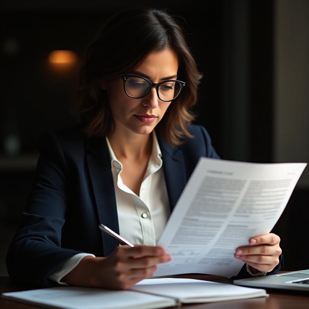 Professional reviewing a structured analysis report at a desk
